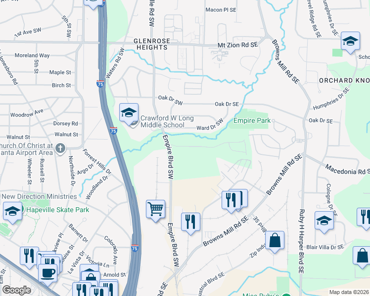 map of restaurants, bars, coffee shops, grocery stores, and more near 3296 Ward Drive Southwest in Atlanta