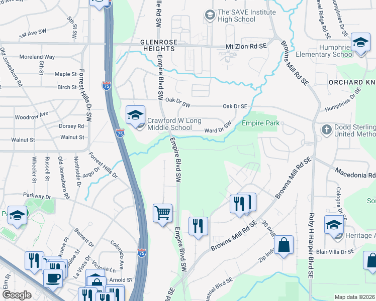 map of restaurants, bars, coffee shops, grocery stores, and more near 3354 Ward Drive Southwest in Atlanta