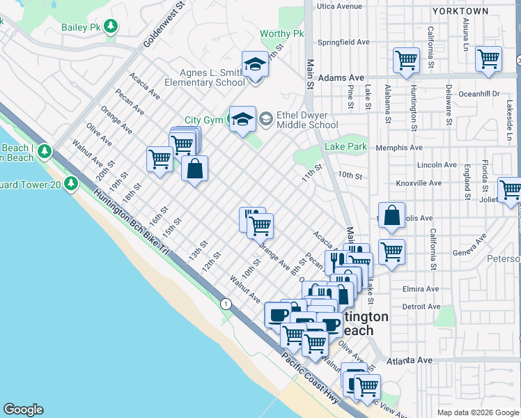 map of restaurants, bars, coffee shops, grocery stores, and more near in Huntington Beach