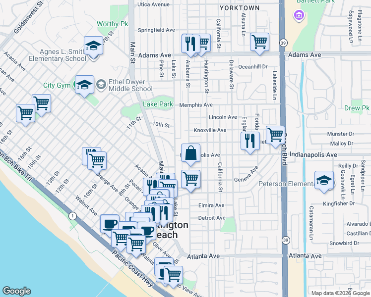 map of restaurants, bars, coffee shops, grocery stores, and more near 915 Alabama Street in Huntington Beach