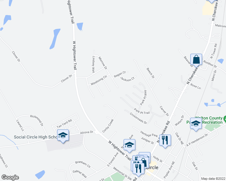 map of restaurants, bars, coffee shops, grocery stores, and more near 556 Walton Drive in Social Circle