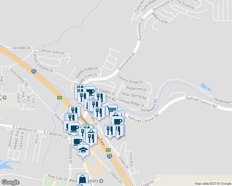 map of restaurants, bars, coffee shops, grocery stores, and more near 21001 High Crest Drive in Lake Elsinore