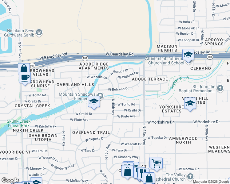 map of restaurants, bars, coffee shops, grocery stores, and more near 19822 North 45th Avenue in Glendale