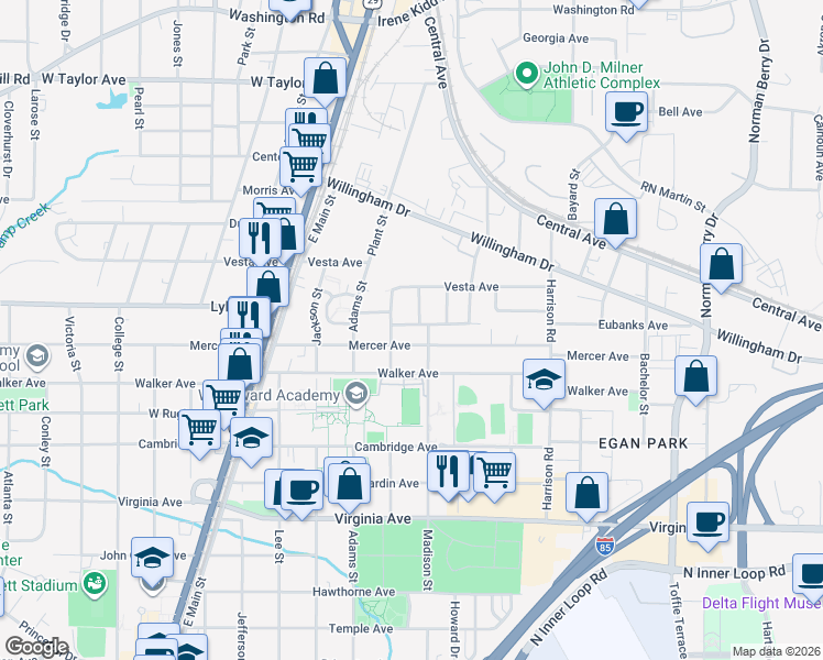 map of restaurants, bars, coffee shops, grocery stores, and more near 1560 Vassar Avenue in College Park