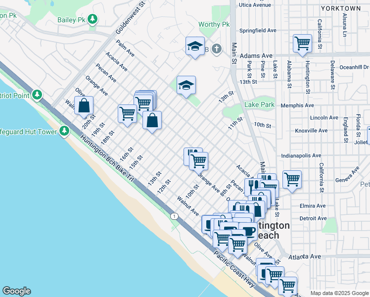 map of restaurants, bars, coffee shops, grocery stores, and more near 418 13th Street in Huntington Beach
