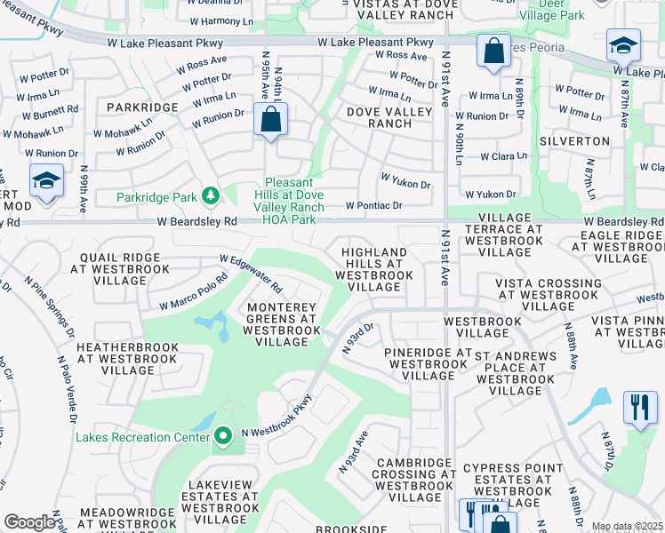 map of restaurants, bars, coffee shops, grocery stores, and more near 9295 West Sierra Pinta Drive in Peoria