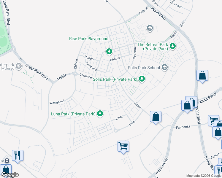 map of restaurants, bars, coffee shops, grocery stores, and more near 349 Proctor in Irvine