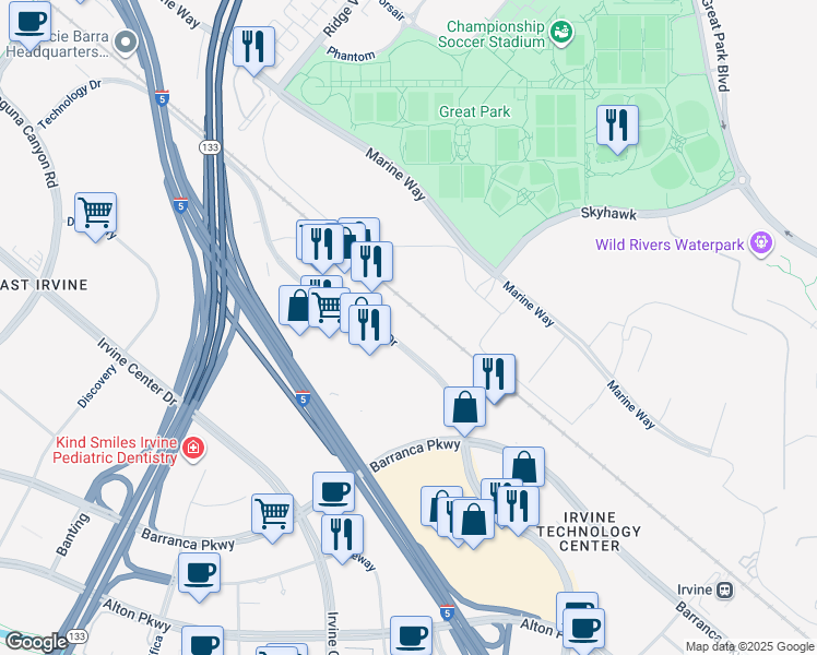 map of restaurants, bars, coffee shops, grocery stores, and more near 152 Technology Drive in Irvine