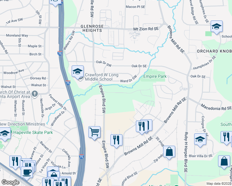 map of restaurants, bars, coffee shops, grocery stores, and more near 3296 Ward Drive Southwest in Atlanta