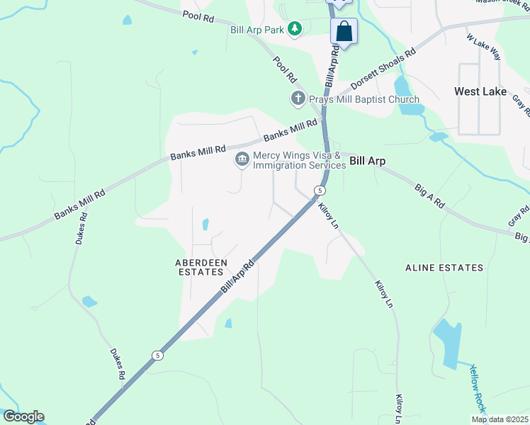 map of restaurants, bars, coffee shops, grocery stores, and more near 5155 Oakdale Court in Douglasville