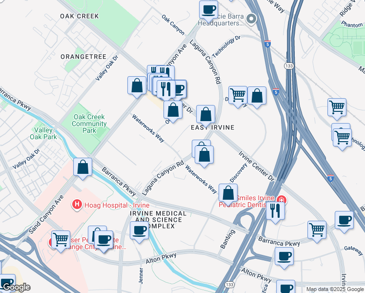 map of restaurants, bars, coffee shops, grocery stores, and more near 113 Waterworks Way in Irvine