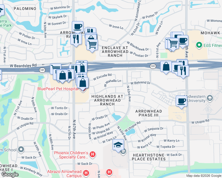 map of restaurants, bars, coffee shops, grocery stores, and more near 6376 West Adobe Drive in Glendale