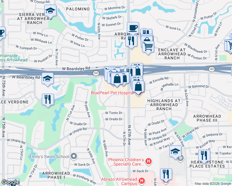 map of restaurants, bars, coffee shops, grocery stores, and more near 20028 North 67th Avenue in Glendale