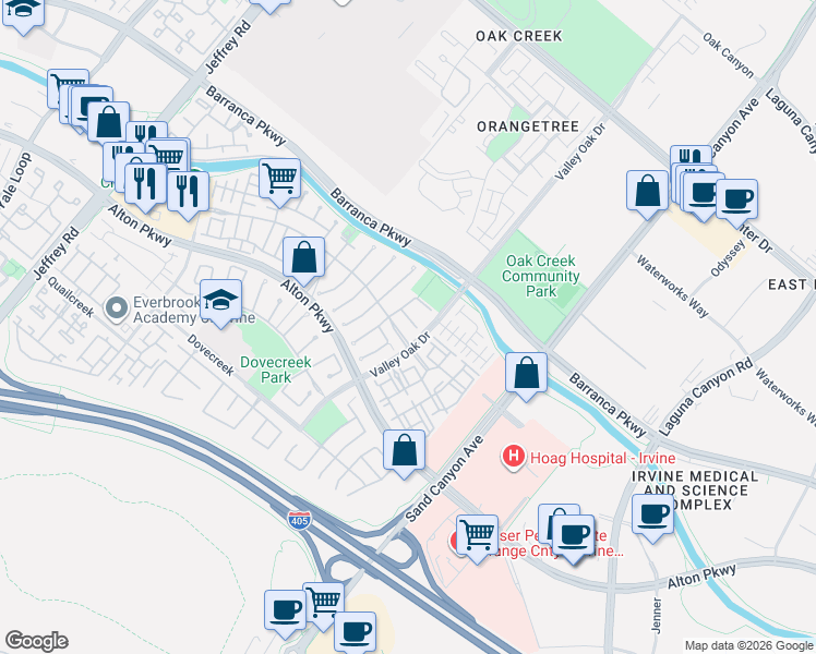 map of restaurants, bars, coffee shops, grocery stores, and more near 23 Commonwealth in Irvine