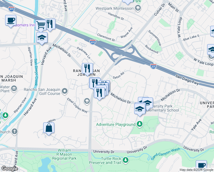 map of restaurants, bars, coffee shops, grocery stores, and more near 12 Hopkins Street in Irvine