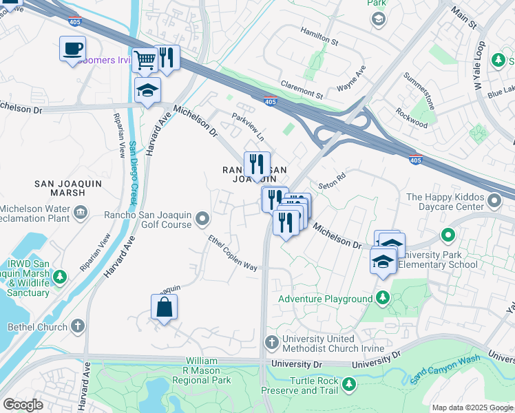 map of restaurants, bars, coffee shops, grocery stores, and more near 104 Navarre in Irvine