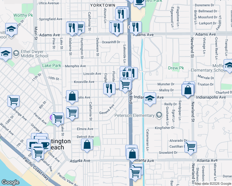 map of restaurants, bars, coffee shops, grocery stores, and more near 1009 Georgia Street in Huntington Beach