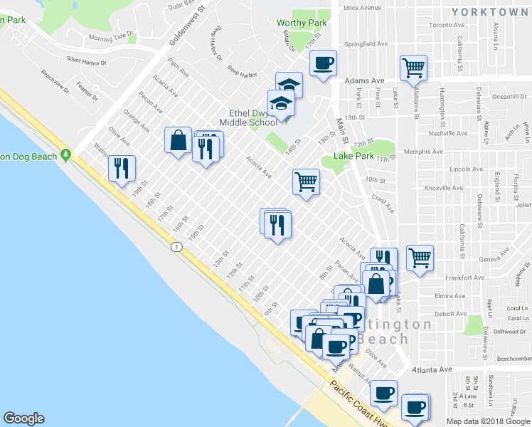 map of restaurants, bars, coffee shops, grocery stores, and more near 422 14th Street in Huntington Beach