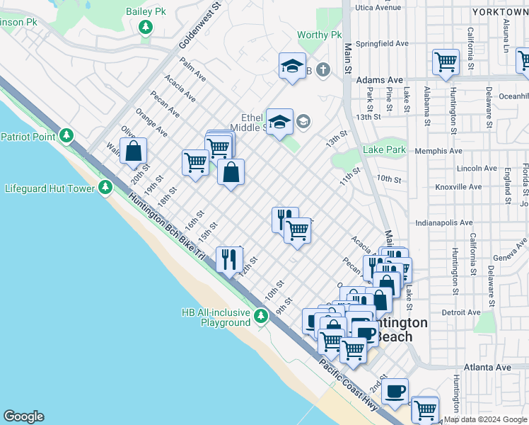 map of restaurants, bars, coffee shops, grocery stores, and more near 422 14th Street in Huntington Beach