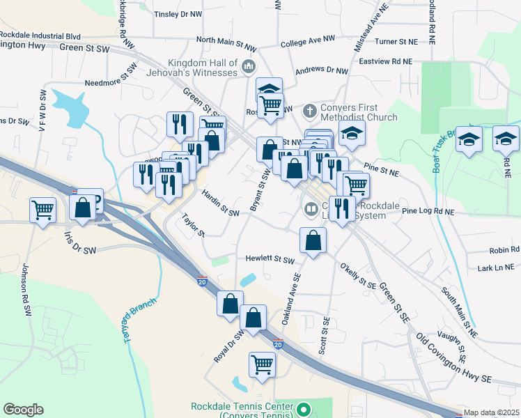 map of restaurants, bars, coffee shops, grocery stores, and more near 954 Bryant Street Southwest in Conyers