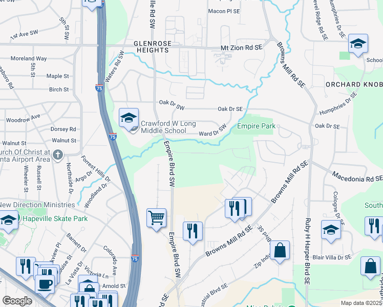 map of restaurants, bars, coffee shops, grocery stores, and more near 3296 Ward Drive Southwest in Atlanta