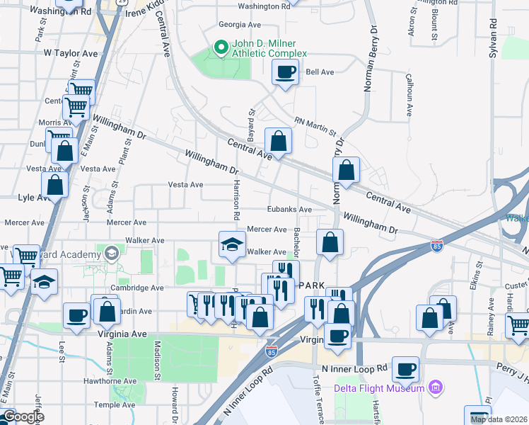 map of restaurants, bars, coffee shops, grocery stores, and more near 1315 Eubanks Avenue in East Point