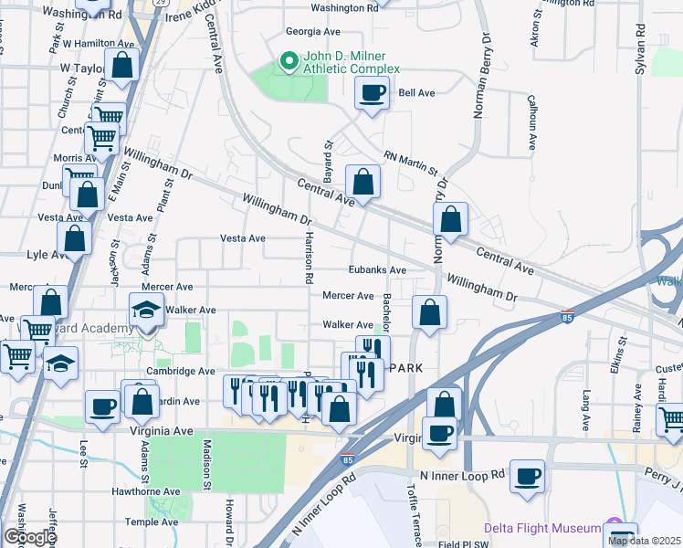 map of restaurants, bars, coffee shops, grocery stores, and more near 1314 Egan Way in East Point