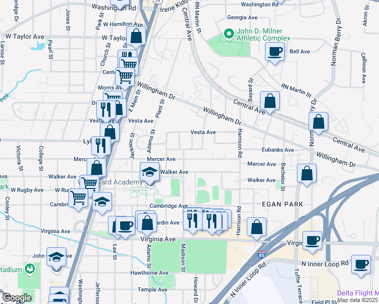 map of restaurants, bars, coffee shops, grocery stores, and more near 1520 Vassar Avenue in College Park