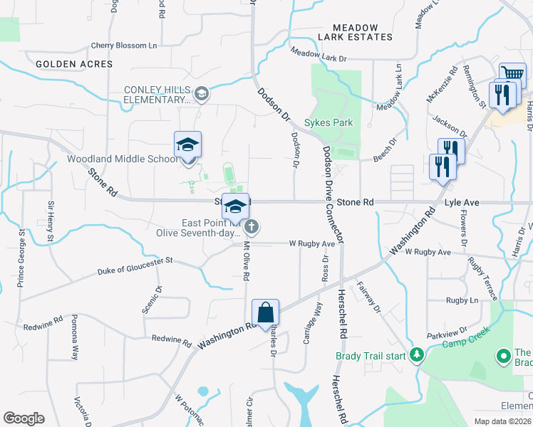 map of restaurants, bars, coffee shops, grocery stores, and more near 2686 Stone Road in East Point
