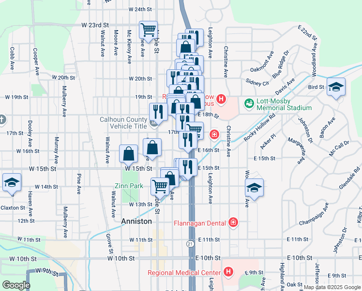 map of restaurants, bars, coffee shops, grocery stores, and more near 1604 Quintard Avenue in Anniston