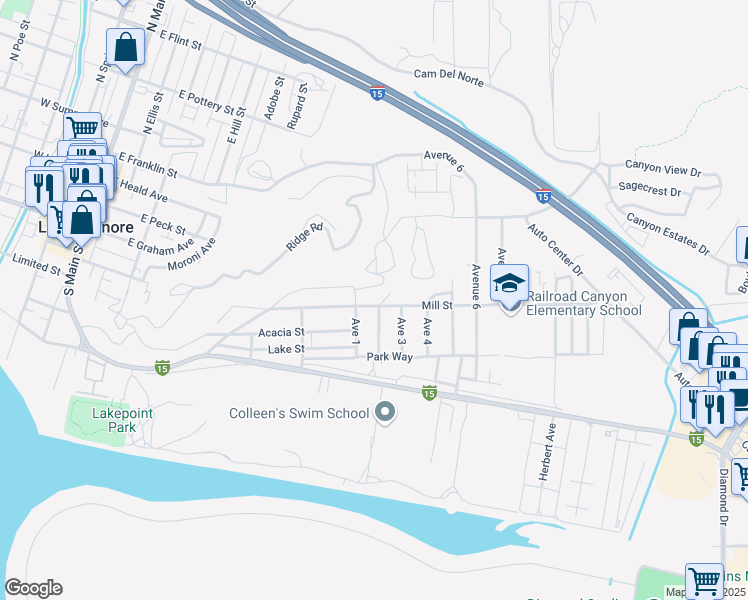 map of restaurants, bars, coffee shops, grocery stores, and more near Mill Street in Lake Elsinore