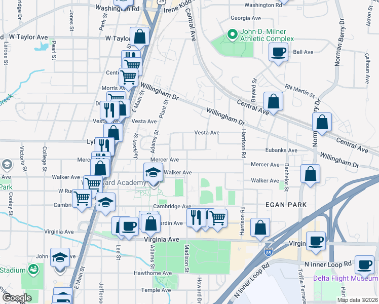 map of restaurants, bars, coffee shops, grocery stores, and more near 3282 Vassar Street Southwest in College Park