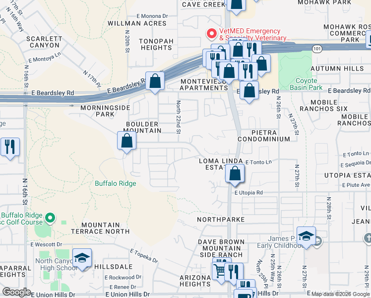 map of restaurants, bars, coffee shops, grocery stores, and more near 2210 East Behrend Drive in Phoenix