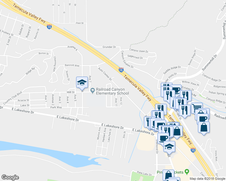 map of restaurants, bars, coffee shops, grocery stores, and more near 410 Avenue 10 in Lake Elsinore
