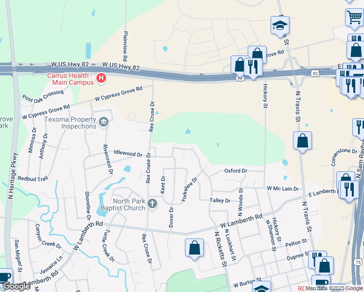 map of restaurants, bars, coffee shops, grocery stores, and more near 1001 Canterbury Drive in Sherman