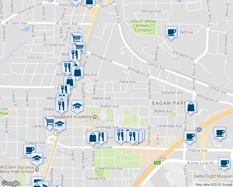 map of restaurants, bars, coffee shops, grocery stores, and more near 1520 Vassar Avenue in College Park
