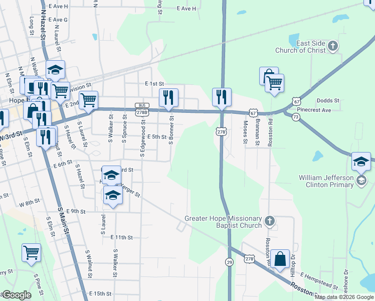 map of restaurants, bars, coffee shops, grocery stores, and more near 513 South Bonner Street in Hope