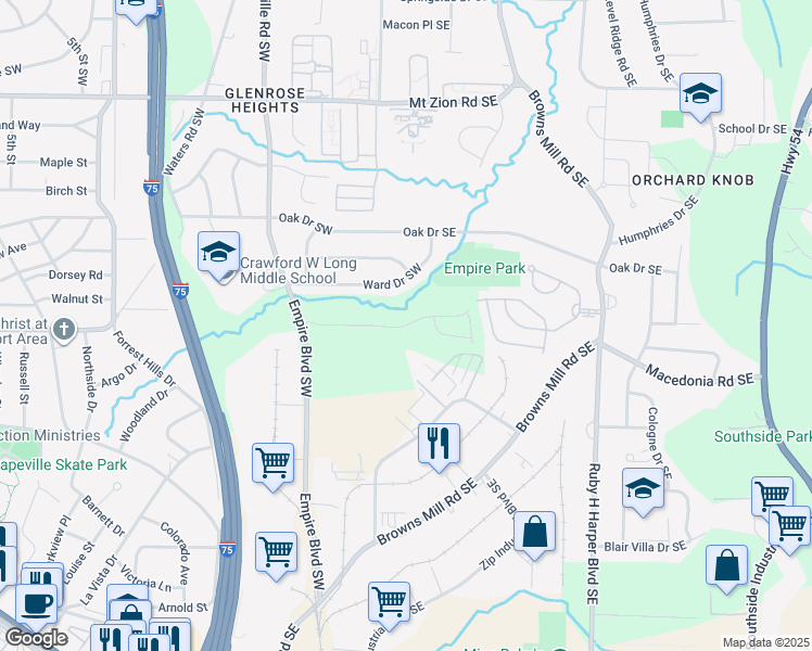 map of restaurants, bars, coffee shops, grocery stores, and more near 3260 Ward Drive Southwest in Atlanta