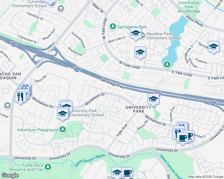 map of restaurants, bars, coffee shops, grocery stores, and more near 5 Banyan Tree Lane in Irvine
