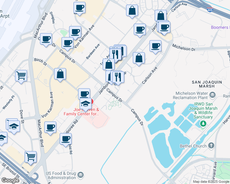 map of restaurants, bars, coffee shops, grocery stores, and more near 8043 Scholarship in Irvine