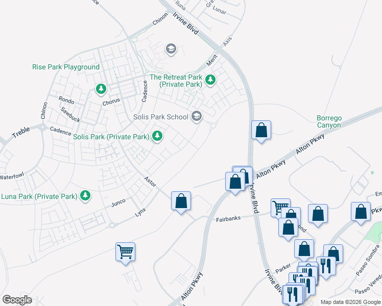 map of restaurants, bars, coffee shops, grocery stores, and more near 201 Lynx in Irvine