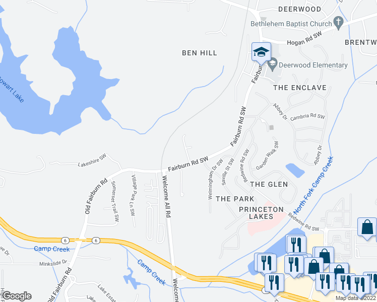 map of restaurants, bars, coffee shops, grocery stores, and more near 3200 Landings North Court in Atlanta