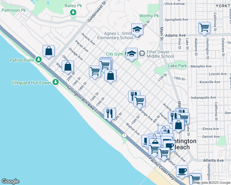 map of restaurants, bars, coffee shops, grocery stores, and more near in Huntington Beach