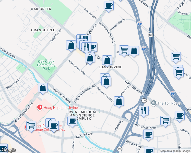 map of restaurants, bars, coffee shops, grocery stores, and more near 15310 Barranca Parkway in Irvine
