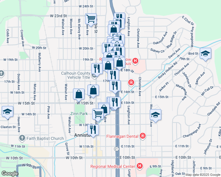 map of restaurants, bars, coffee shops, grocery stores, and more near 1604 Quintard Avenue in Anniston