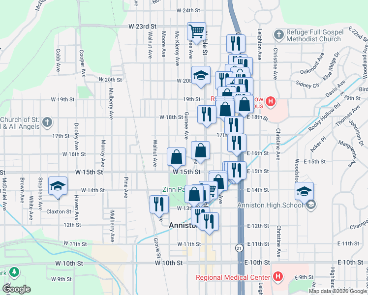 map of restaurants, bars, coffee shops, grocery stores, and more near 1628 Gurnee Avenue in Anniston