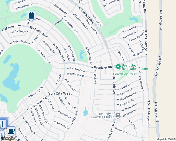 map of restaurants, bars, coffee shops, grocery stores, and more near 13027 West Beardsley Road in Sun City West