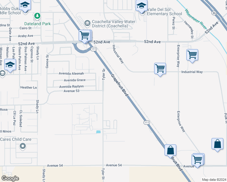map of restaurants, bars, coffee shops, grocery stores, and more near 52560 Tyler Street in Coachella