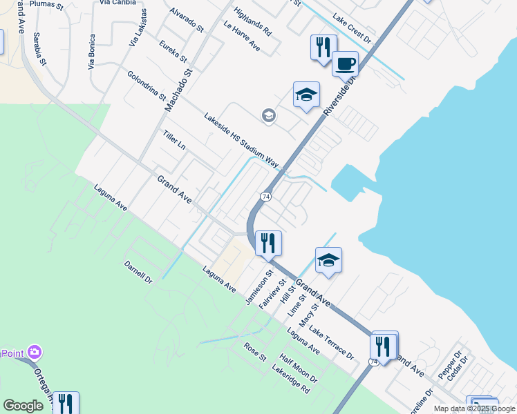 map of restaurants, bars, coffee shops, grocery stores, and more near 32902 Riverside Drive in Lake Elsinore