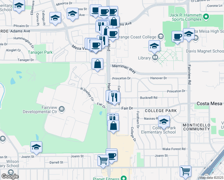 map of restaurants, bars, coffee shops, grocery stores, and more near 456 Elmhurst Lane in Costa Mesa